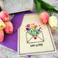 Plotterdatei Love Letters – „Love Letter“ auf heller Karte mit lila Umschlag und Tulpen