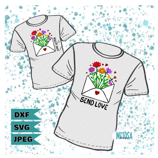 Plotterdatei Love Letters – Titelbild mit Blumenstrauß im Briefumschlag „Send Love“ auf zwei Shirts, Dateiformate DXF, SVG und JPEG