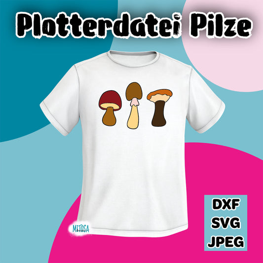 Plotterdatei Pilze – drei Pilzmotive nebeneinander auf einem weißen T-Shirt