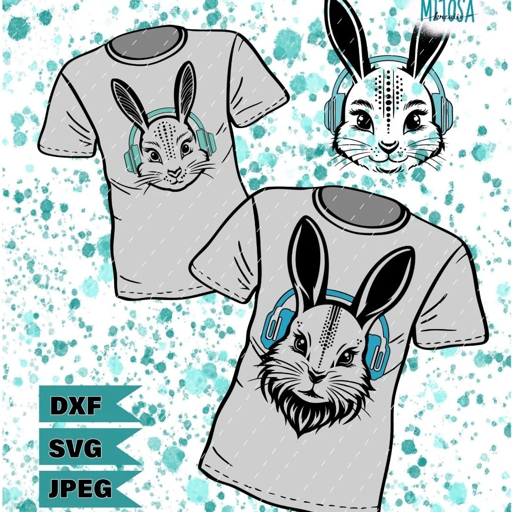 Plotterdatei Sound Bunny Family – Titelbild mit T-Shirt-Mockups und den drei Hasenköpfen mit Kopfhörern, erhältlich als DXF, SVG und JPEG