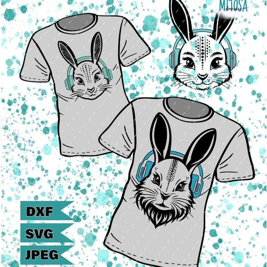 Plotterdatei Sound Bunny Family – Titelbild mit T-Shirt-Mockups und den drei Hasenköpfen mit Kopfhörern, erhältlich als DXF, SVG und JPEG