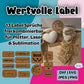 Plotterdatei Wertvolle Label – Titelbild mit 13 Label-Sprüchen wie Wertvoll, Du bist wertvoll und #wertvoll in Kunstleder-Optik, frei kombinierbar für Plotter, Laser und Sublimation, Dateiformate DXF, SVG, JPEG und PNG