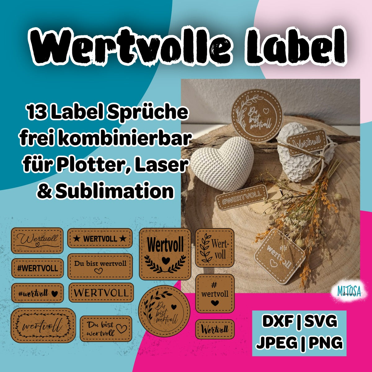 Plotterdatei Wertvolle Label – Titelbild mit 13 Label-Sprüchen wie Wertvoll, Du bist wertvoll und #wertvoll in Kunstleder-Optik, frei kombinierbar für Plotter, Laser und Sublimation, Dateiformate DXF, SVG, JPEG und PNG