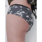 Damen Schlüppi Schnittmuster – graue Damen-Panty mit weißem Blumenranken-Print und sichtbar angenähtem schwarzem Zierbund, Seitenansicht am Körper