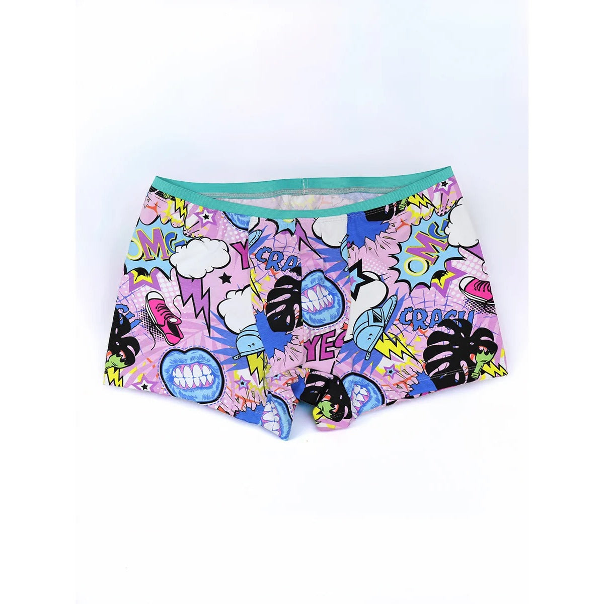 Herren Schlüppi Schnittmuster – bunte Boxershorts im Comic-Pop-Art-Print mit sichtbar angenähtem, türkisem Gummibund
