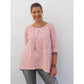 Sandras Zipfelshirt in Rosa mit weißem Pusteblumen-Print, Rundhals und 3/4-Arm, leichte A-Linie mit Zipfelsaum, Vorderansicht
