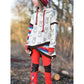 Shabby Asymmetrie Hoodie in Hellgrau meliert mit Hasen-Print, Regenbogen-Ringelärmeln und braunem Bündchen, Kapuze, Langarm