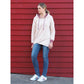 Shabby Asymmetrie Hoodie aus cremefarbener Baumwolle mit Kapuze, rot-blau gestreiftem Futter und offenen Bündchen, Langarm, oversized


