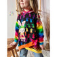 Shabby Asymmetrie Hoodie in Schwarz mit Regenbogen-Hasen-Print, bunten Ärmeln und Bündchen sowie Kapuze mit Spitze, Langarm – Stoffreste kombiniert
