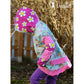 Shabby Asymmetrie Hoodie im Stoffmix aus Türkis mit Einhorn-/Blumenmotiv und pink gepunkteten Teilen, Kapuze mit Blüten, Ansatz vorn und hinten, Seitenansicht – Stoffreste kombiniert
