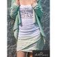 Schnittmuster Shabby Skirt Damen – mintfarbener gestreifter Sweatstoff mit offenen Saumkanten im Lagenlook, dazu weißes Shirt und Cardigan