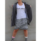 Schnittmuster Shabby Skirt Damen – grauer Sweat mit schwarzem Blüten-Linienprint und schwarz-weiß gestreiftem Bündchen im Lagenlook