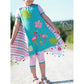 Sidecut Kleid Schnittmuster – türkises Kleid mit tropischen Applikationen (Flamingo, Hibiskus, Monstera), Zipfelsaum und bunter Bommelborte