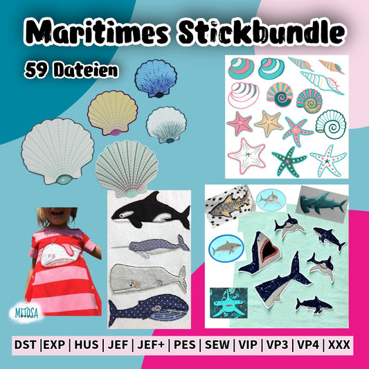 Maritimes Stickdatei-Bundle – Titelbild: 59 Stickdateien mit Haifamilie, Walfamilie, Muscheln & Seesternen und der Muschel in einem Paket