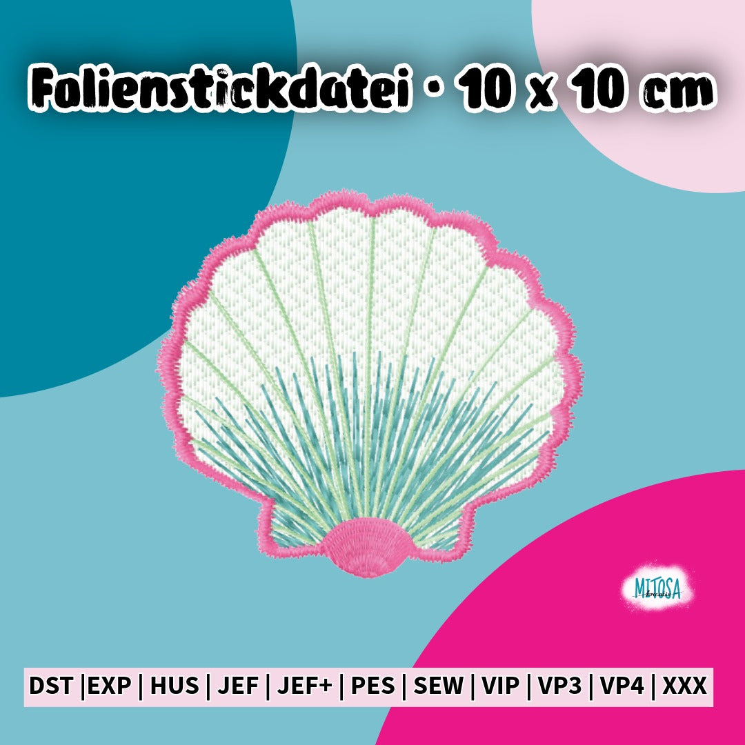 Stickdatei Muschel als Folienstick für den 10 x 10 cm Rahmen – Titelbild mit der handgezeichneten Venusmuschel