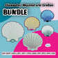 Stickdatei Muschel Sparpaket – Titelbild mit der Muschel in allen fünf Varianten als Vollstick, Folienstick, Applikation und Sternchen-Applikation in einem Bundle