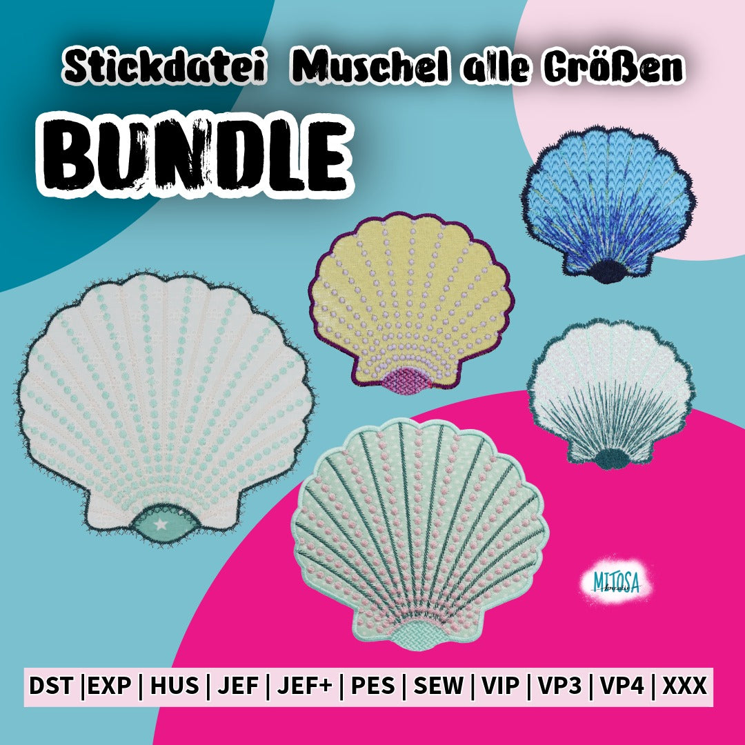 Stickdatei Muschel Sparpaket – Titelbild mit der Muschel in allen fünf Varianten als Vollstick, Folienstick, Applikation und Sternchen-Applikation in einem Bundle