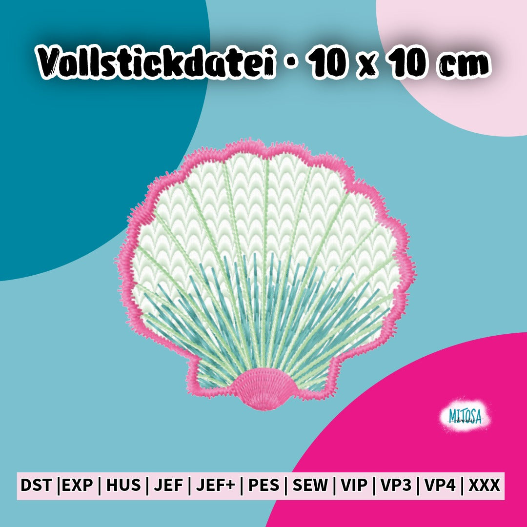Stickdatei Muschel als Vollstick für den 10 x 10 cm Rahmen – Titelbild mit der handgezeichneten Venusmuschel