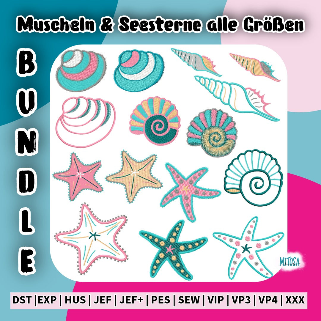 Stickdatei Muscheln & Seesterne Sparpaket – Titelbild mit allen Muscheln und Seesternen als Vollstick, Folienstick und Applikation in einem Bundle