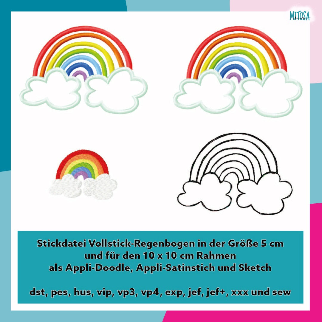 Stickdatei Regenbogen für den 10 x 10 cm Rahmen – Titelbild: 4 Dateien inklusive Vollstick mit ca. 5 cm