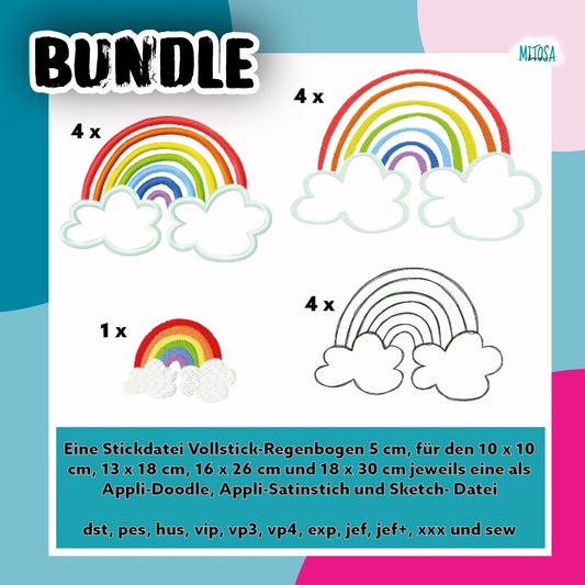Stickdatei Regenbogen Sparpaket – Titelbild: alle Varianten in vier Rahmengrößen