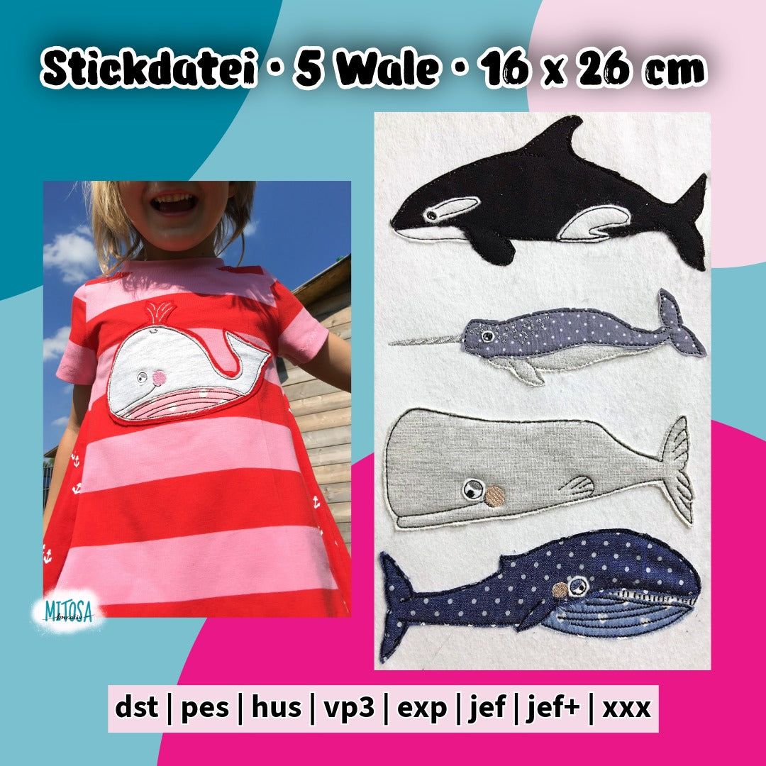 Stickdatei-Serie Walfamilie für den 16 x 26 cm Rahmen – Titelbild mit Lotti Wal auf einem gestreiften Kleid sowie Orca, Narwal, Pottwal und Blauwal als Applikationen