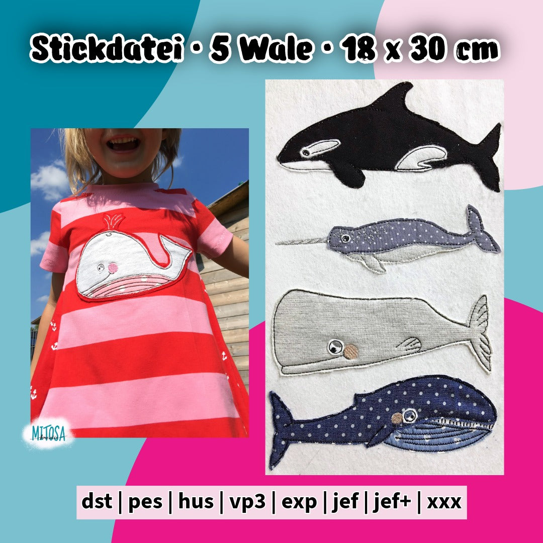 Stickdatei-Serie Walfamilie für den 18 x 30 cm Rahmen – Titelbild mit Lotti Wal auf einem gestreiften Kleid sowie Orca, Narwal, Pottwal und Blauwal als Applikationen