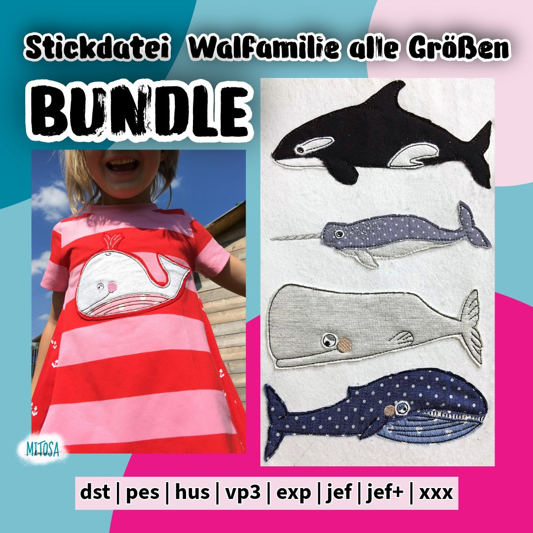 Stickdatei-Serie Walfamilie Sparpaket – Titelbild: fünf Wale als Doodle-Applikation in einem Paket für die Rahmen 13 x 18, 16 x 26 und 18 x 30 cm