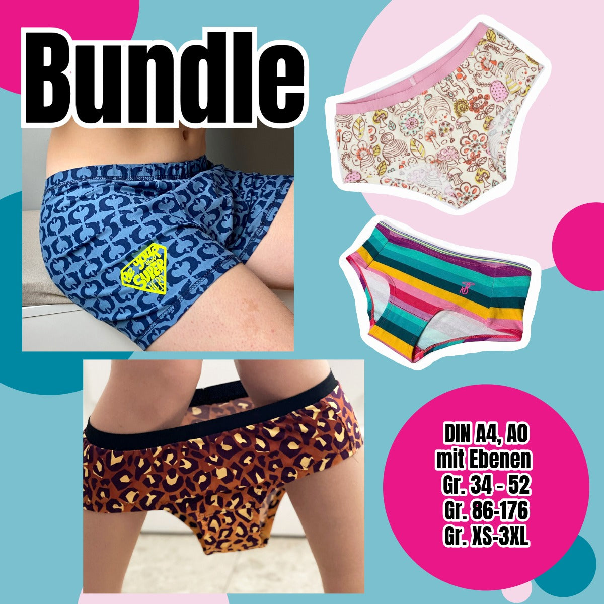 Schlüppi Familien-Bundle – Schnittmuster Unterwäsche Damen, Herren & Mädchen Gr. 34–52, XS–3XL & 86–176 – Titelbild