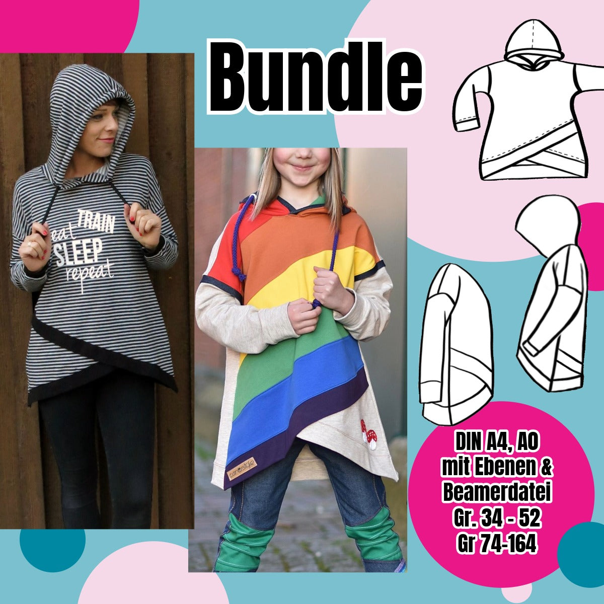 Shabby Asymmetrie Hoodie Bundle – Schnittmuster Damen & Kinder Gr. 34–52 & 74–164 – Titelbild
