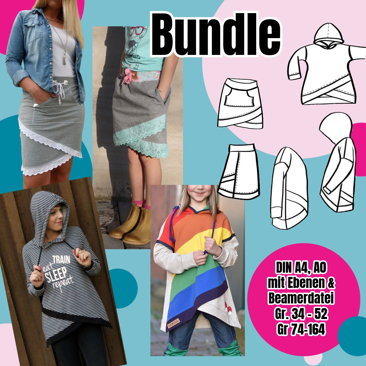 Shabby Komplett-Bundle – Schnittmuster Hoodie & Rock Damen & Kinder Gr. 34–52 & 74–164 – Titelbild
