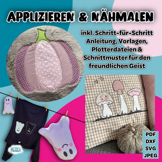 Herbst Applikation Bundle – Übersicht: Kürbis appliziert auf Teddystoff, Pilze genähmalt auf Karokissen, Geisterkissen und Hose mit Geister-Plot