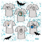 Coffee Ghosts Plotterdatei – Titelbild mit allen 6 Motiven auf Shirts: „Boo – but first coffee“, „Morning Boorista“, „Hocus Pocus – I need coffee to focus“, „I need coffee“, „coffee makes me feel alive“ und „scary until I get coffee“
