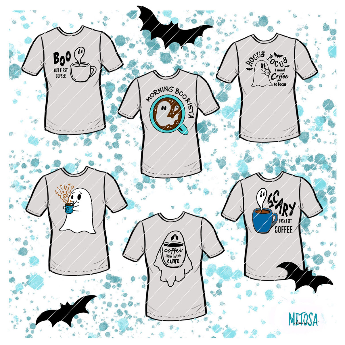 Coffee Ghosts Plotterdatei – Titelbild mit allen 6 Motiven auf Shirts: „Boo – but first coffee“, „Morning Boorista“, „Hocus Pocus – I need coffee to focus“, „I need coffee“, „coffee makes me feel alive“ und „scary until I get coffee“