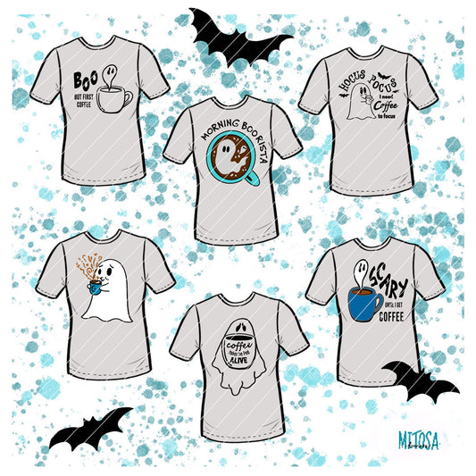 Coffee Ghosts Plotterdatei – Titelbild mit allen 6 Motiven auf Shirts: „Boo – but first coffee“, „Morning Boorista“, „Hocus Pocus – I need coffee to focus“, „I need coffee“, „coffee makes me feel alive“ und „scary until I get coffee“