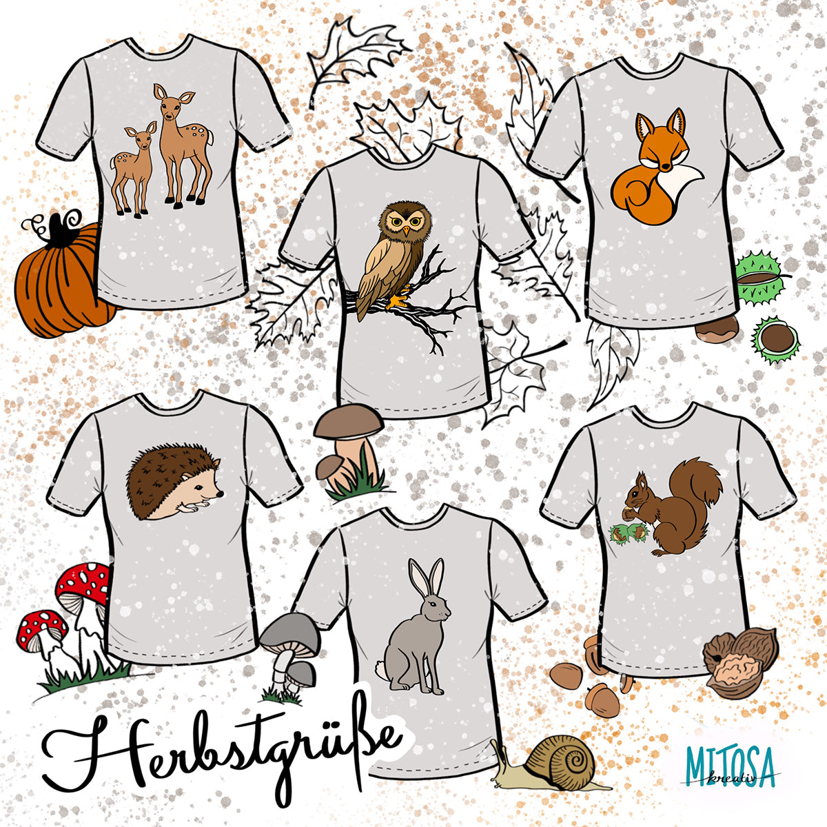 Herbstgrüße Plotterdatei – Titelbild mit den Motiven Rehpaar, Eule, Fuchs, Igel, Feldhase und Eichhörnchen auf Shirts, dazu Kürbis, Fliegenpilze, Herbstblätter, Nüsse und Schnecke