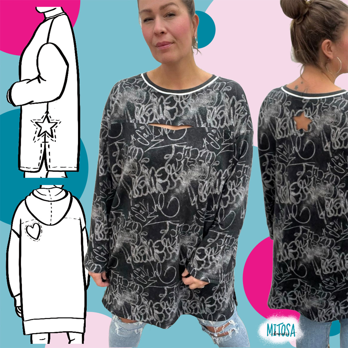 Cut Out Kleid – Titelbild Langarm-Version: Damen-Oversized-Kleid mit Cut-Out, dazu technische Zeichnungen mit Stern-Ärmel und Herz-Ausschnitt am Rücken, Gr. 34–52