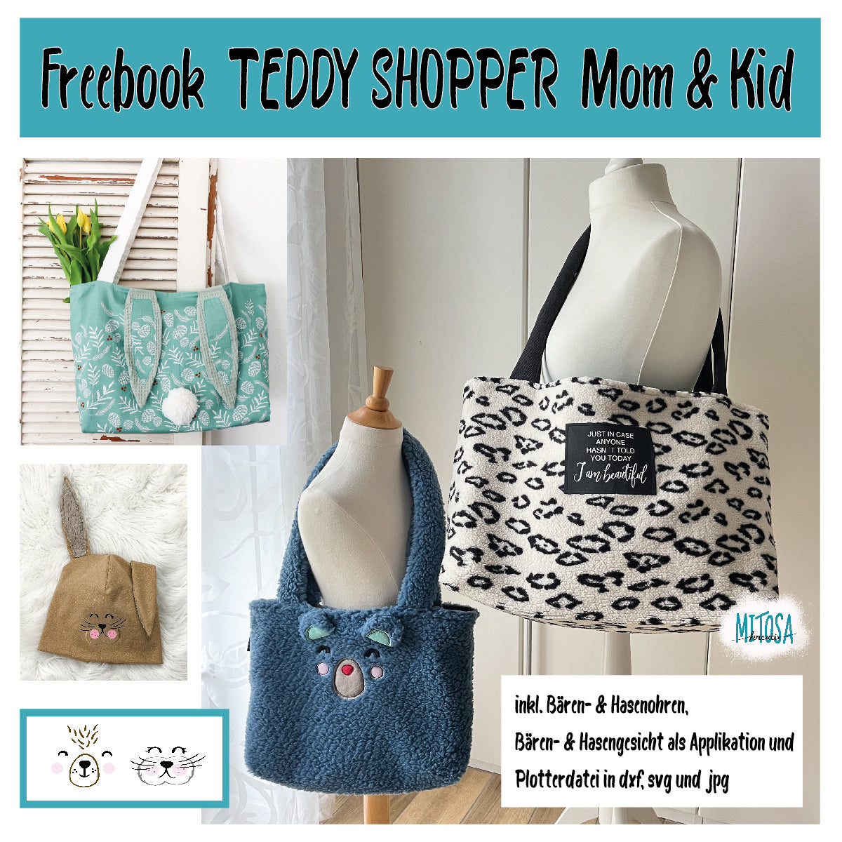 Teddy Shopper – Titelbild: Freebook-Collage der Mom & Kid Bag in mehreren Varianten mit Bären- und Hasenohren, inkl. Applikations- und Plotterdatei