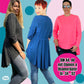 Schößchenshirt Emmelie – Titelbild: drei Frauen im Schößchenshirt in Grau, Blau und Pink, dazu Hinweis DIN A4/A0 mit Ebenen & Beamerdatei, Damen Gr. 34–52