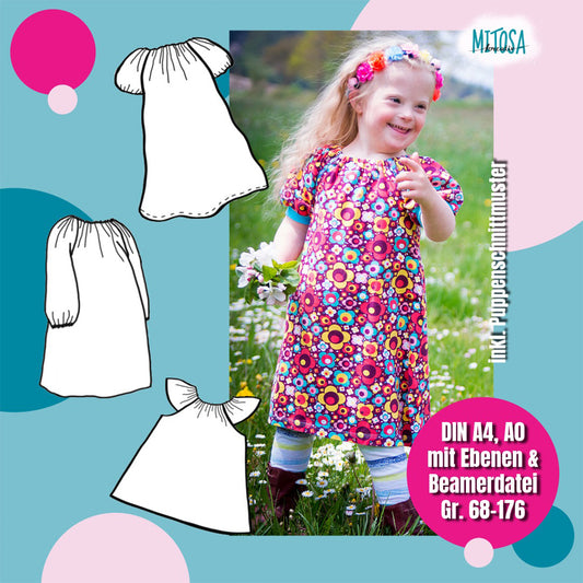 Schnittmuster Talia – Titelbild: Mädchen im bunten Retro-Blumenkleid mit Puffärmeln, dazu technische Zeichnungen der drei Ärmelvarianten, inkl. Puppenschnittmuster, Gr. 68–176