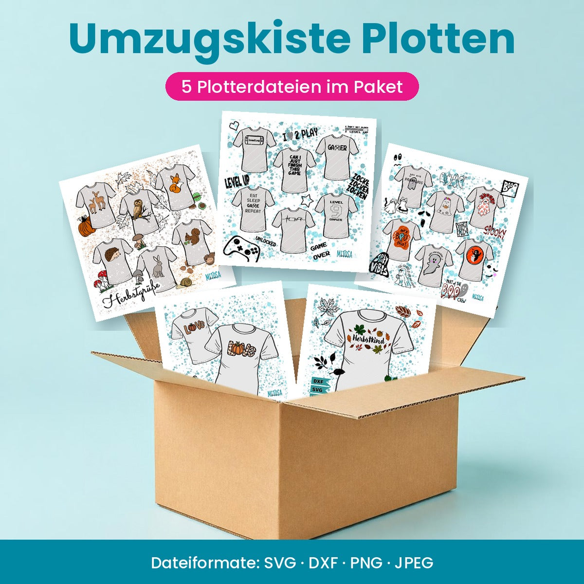 Umzugskiste Plotten – 5 Plotterdateien im Paket zur Shoperöffnung: Gaming, Spooky Ghosts, Herbstgrüße, Kürbis Liebe und Herbstkind fliegen aus einem Umzugskarton, Dateiformate SVG, DXF, PNG und JPEG – Titelbild