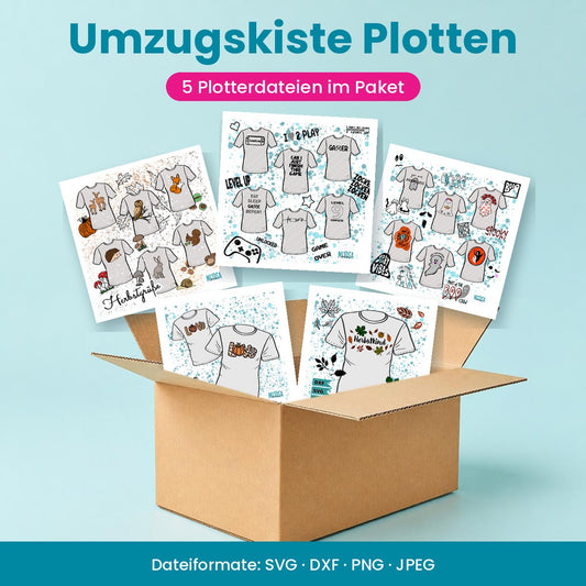 Umzugskiste Plotten – 5 Plotterdateien im Paket zur Shoperöffnung: Gaming, Spooky Ghosts, Herbstgrüße, Kürbis Liebe und Herbstkind fliegen aus einem Umzugskarton, Dateiformate SVG, DXF, PNG und JPEG – Titelbild