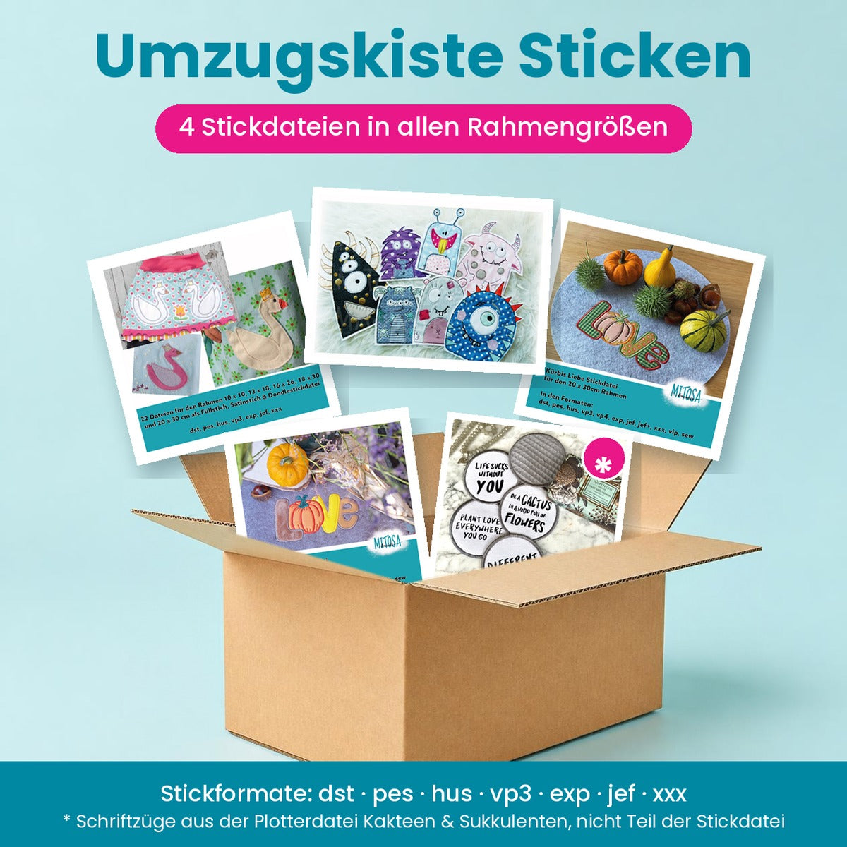Umzugskiste Sticken – 4 Stickdateien in allen Rahmengrößen zur Shoperöffnung: Schwan mit Krone, Monsterbande, Kürbis Liebe und Kosmetikpads fliegen aus einem Umzugskarton. Die Schriftzüge auf den Kosmetikpads stammen aus der Plotterdatei Kakteen & Sukkulenten und sind nicht Teil der Stickdatei – Titelbild