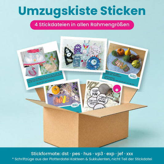 Umzugskiste Sticken – 4 Stickdateien in allen Rahmengrößen zur Shoperöffnung: Schwan mit Krone, Monsterbande, Kürbis Liebe und Kosmetikpads fliegen aus einem Umzugskarton. Die Schriftzüge auf den Kosmetikpads stammen aus der Plotterdatei Kakteen & Sukkulenten und sind nicht Teil der Stickdatei – Titelbild